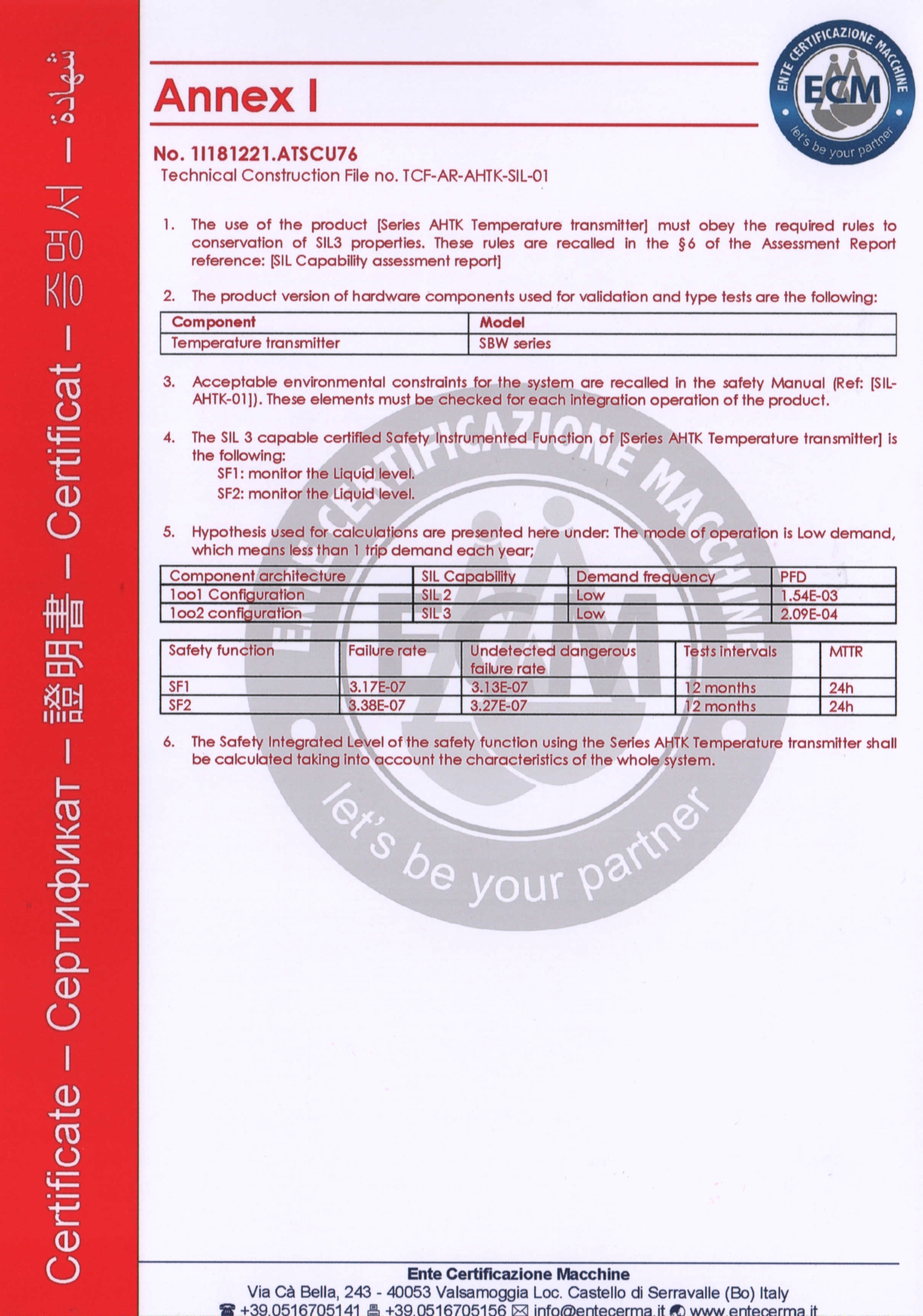 Temperature Transmitter Safety Integrity Level Certificate SIL3