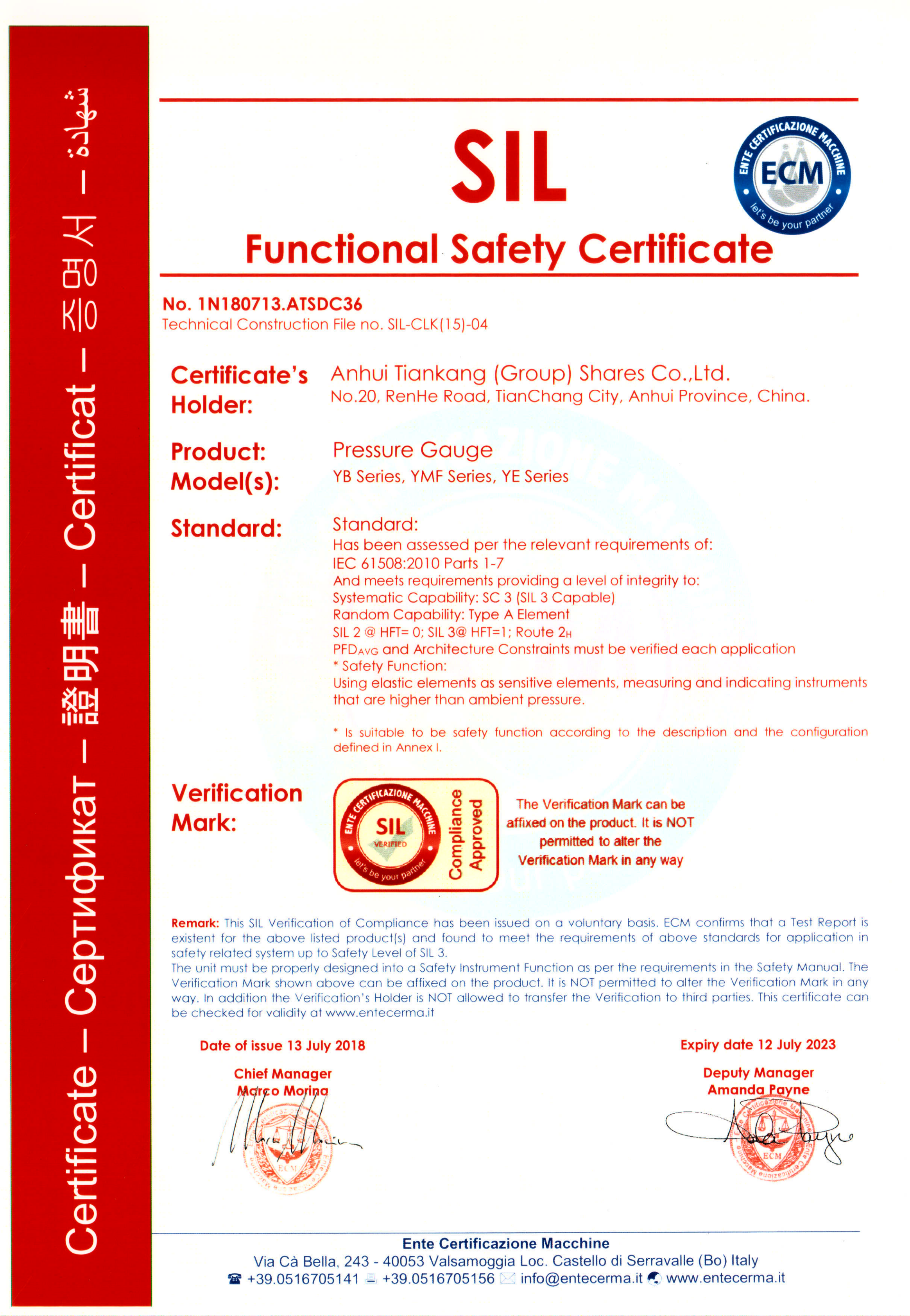 Pressure gauge Safety Integrity Level Certificate SIL3