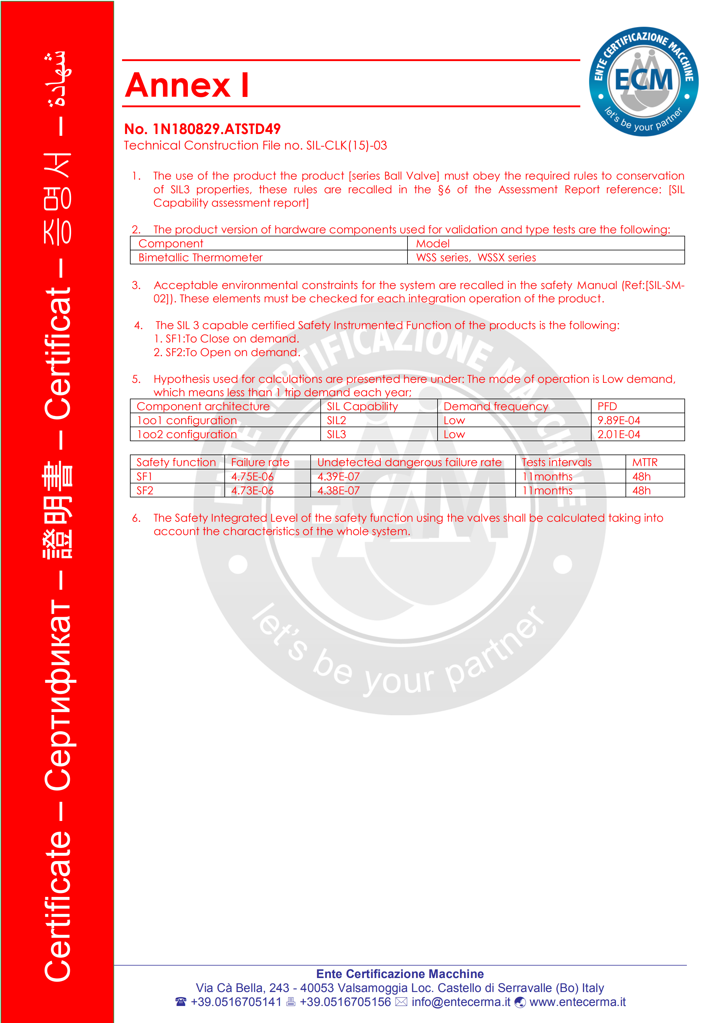 AnHui TianKang Bimetallic Thermometer Safety Integrity Level Certificate SIL3